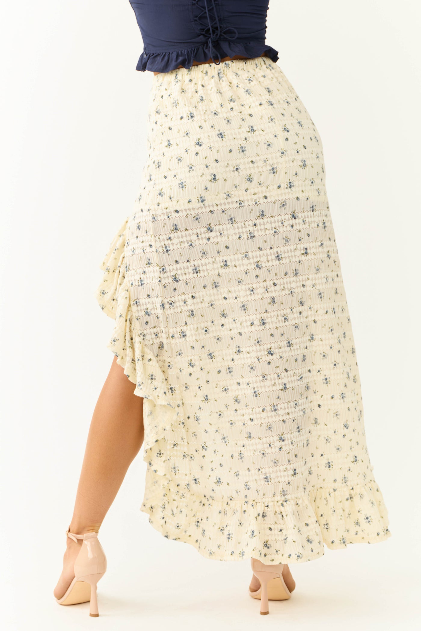 Cream Ditsy Floral Print Ruffle Maxi Skirt