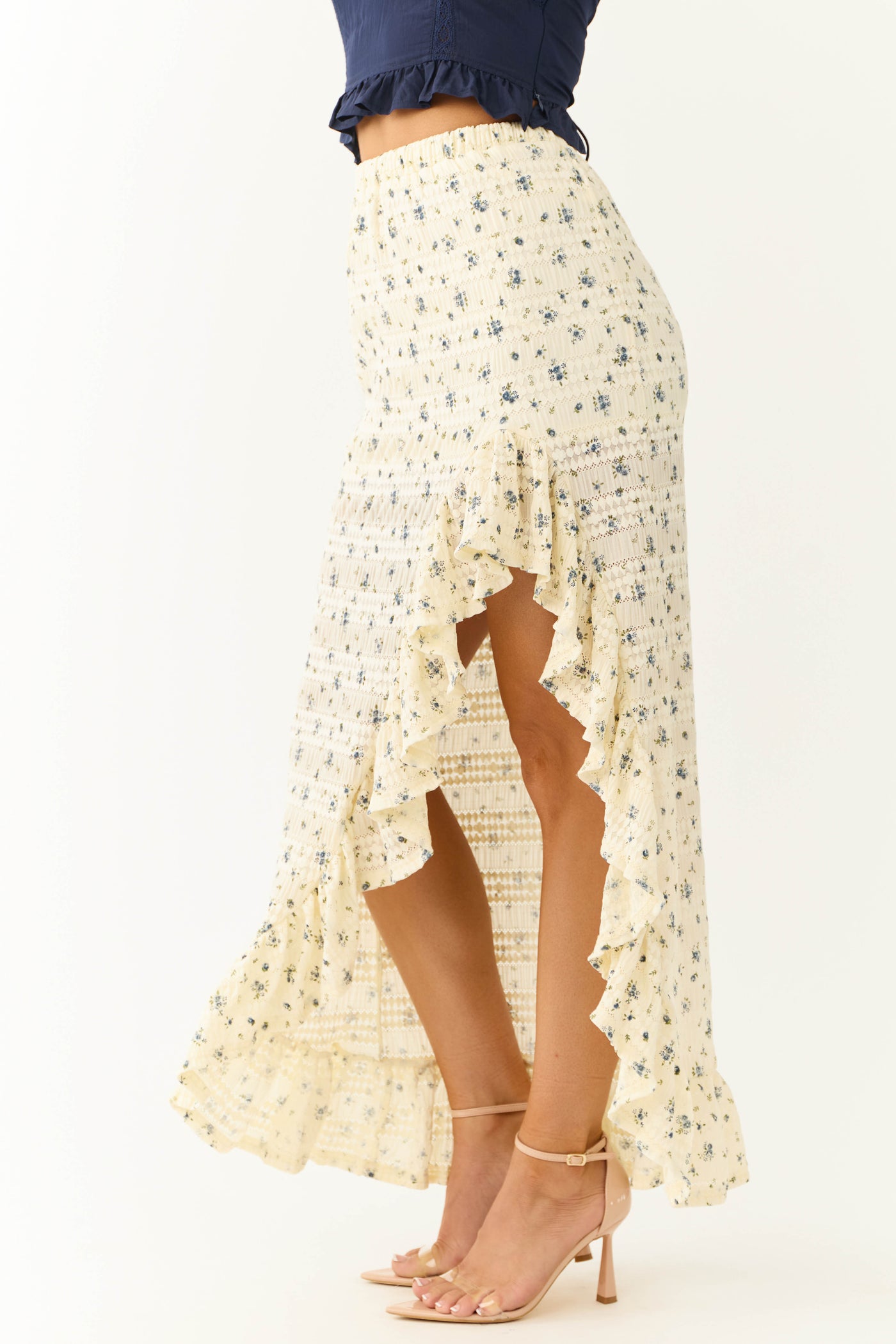 Cream Ditsy Floral Print Ruffle Maxi Skirt