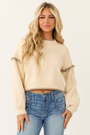 Cream Drop Shoulder Ruffle Shoulder Sweater