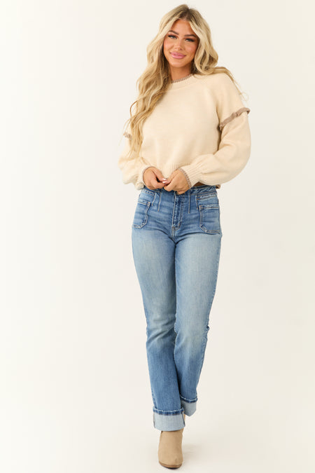 Cream Drop Shoulder Ruffle Shoulder Sweater