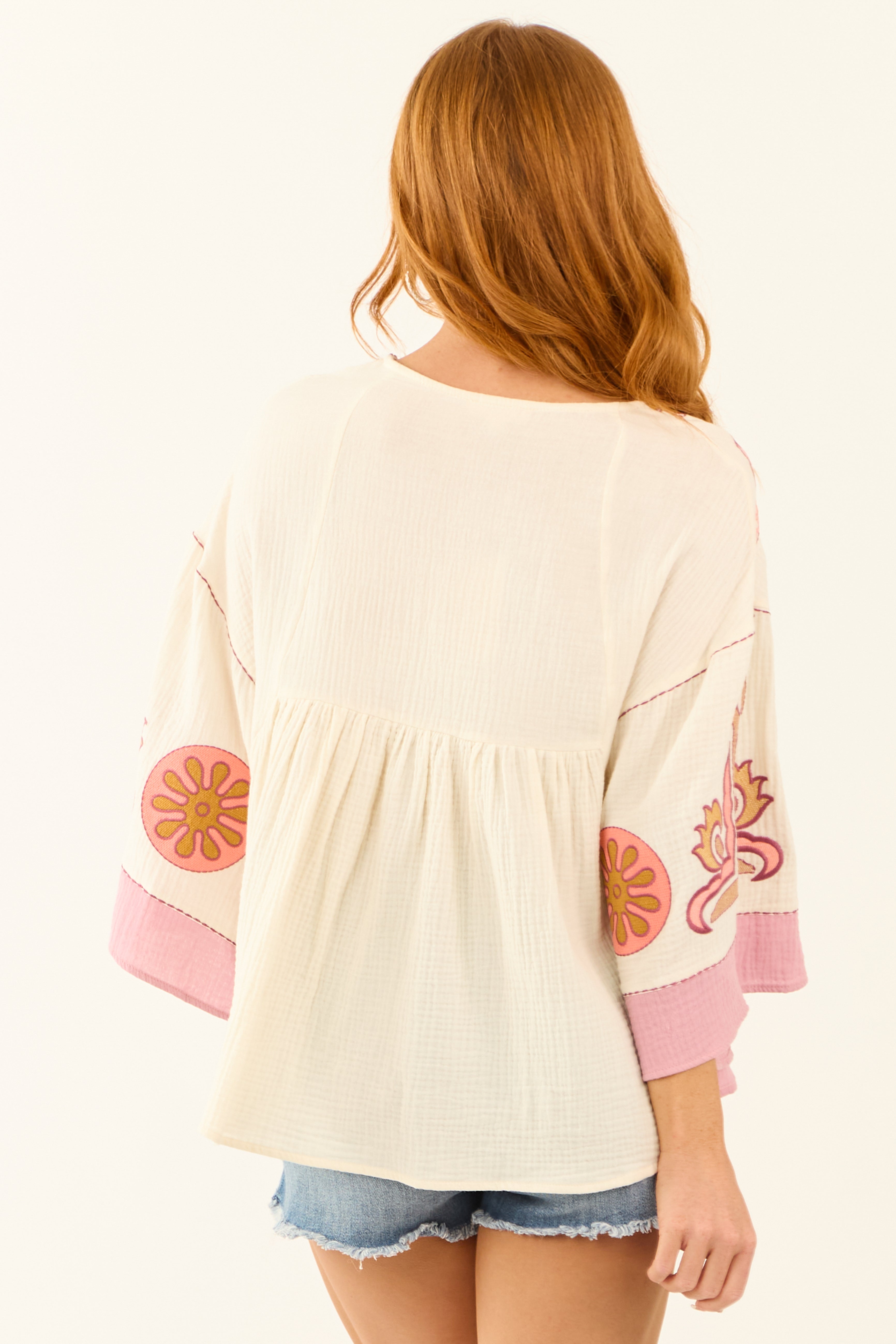 Cream Embroidered 3/4 Sleeve Babydoll Top