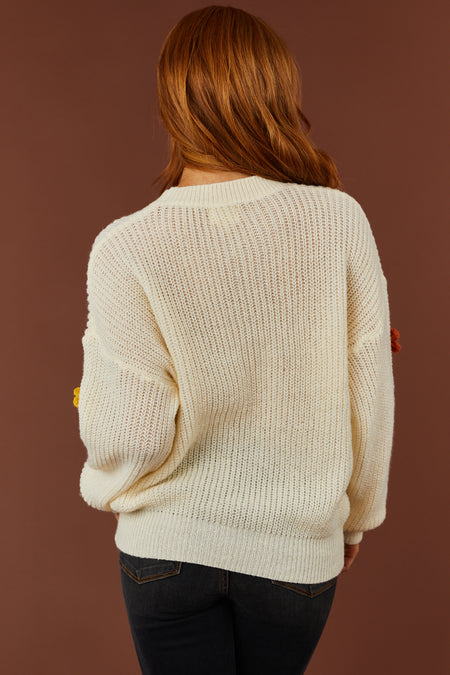 Cream 'Fall' Yard Stitching Long Sleeve Sweater