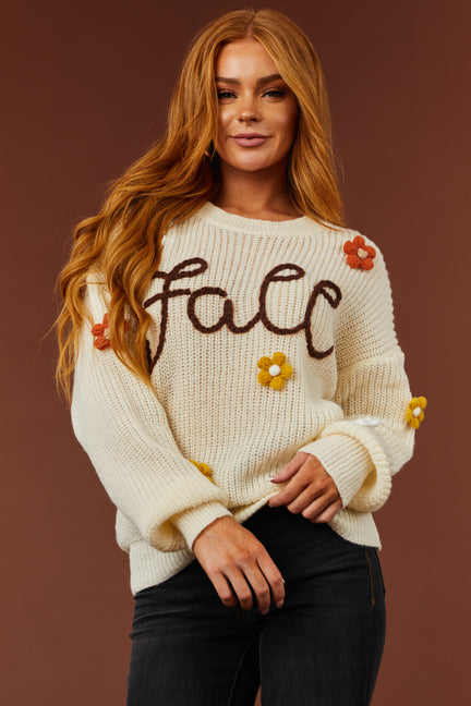 Cream 'Fall' Yard Stitching Long Sleeve Sweater