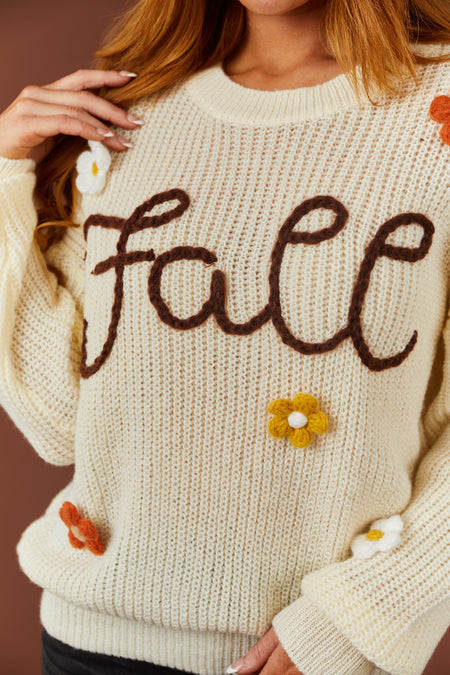 Cream 'Fall' Yard Stitching Long Sleeve Sweater