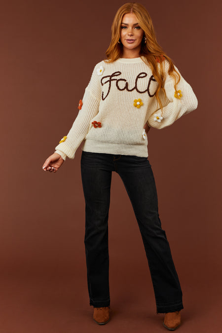 Cream 'Fall' Yard Stitching Long Sleeve Sweater