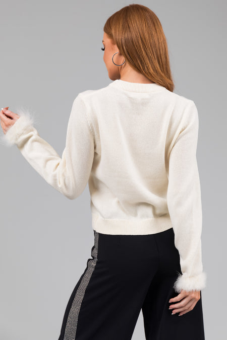 Cream Faux Fur Cuff Solid Sweater