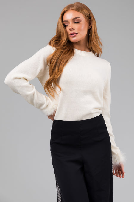 Cream Faux Fur Cuff Solid Sweater