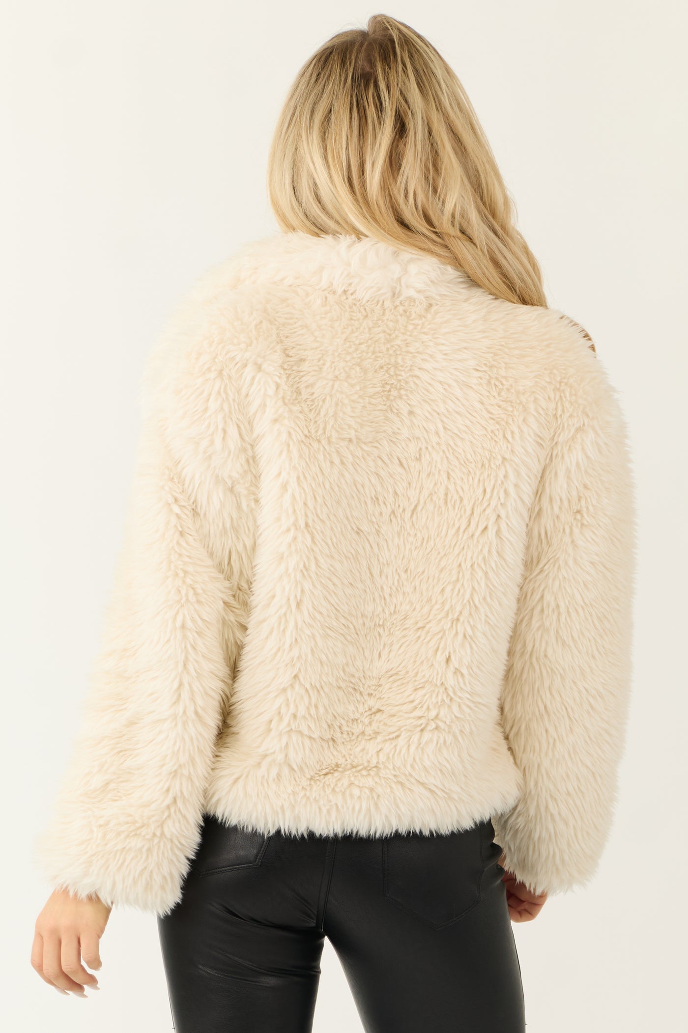 Cream Faux Fur Long Sleeve Snap Button Jacket