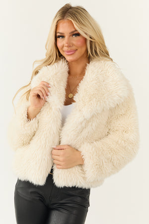 Cream Faux Fur Long Sleeve Snap Button Jacket