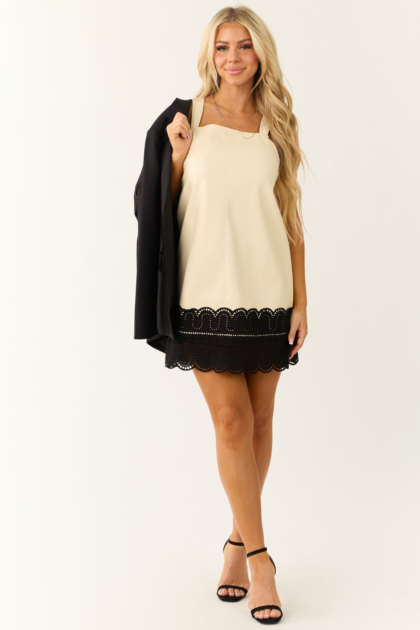 Cream Faux Leather Contrast Lace Hem Mini Dress