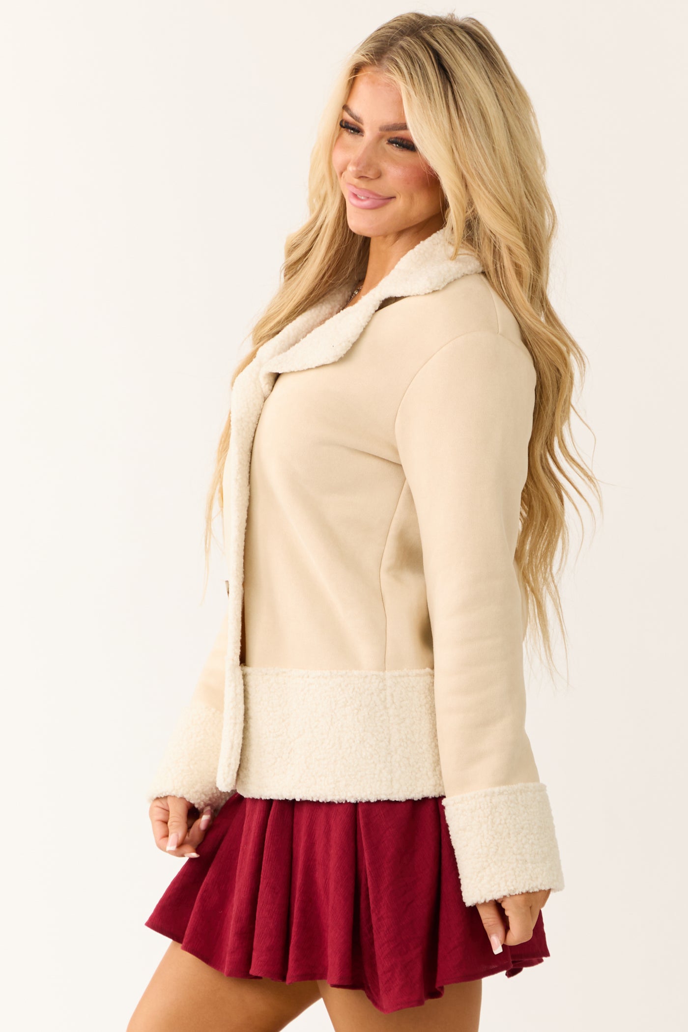 Cream  Faux Wool and Suede Button Up Jacket