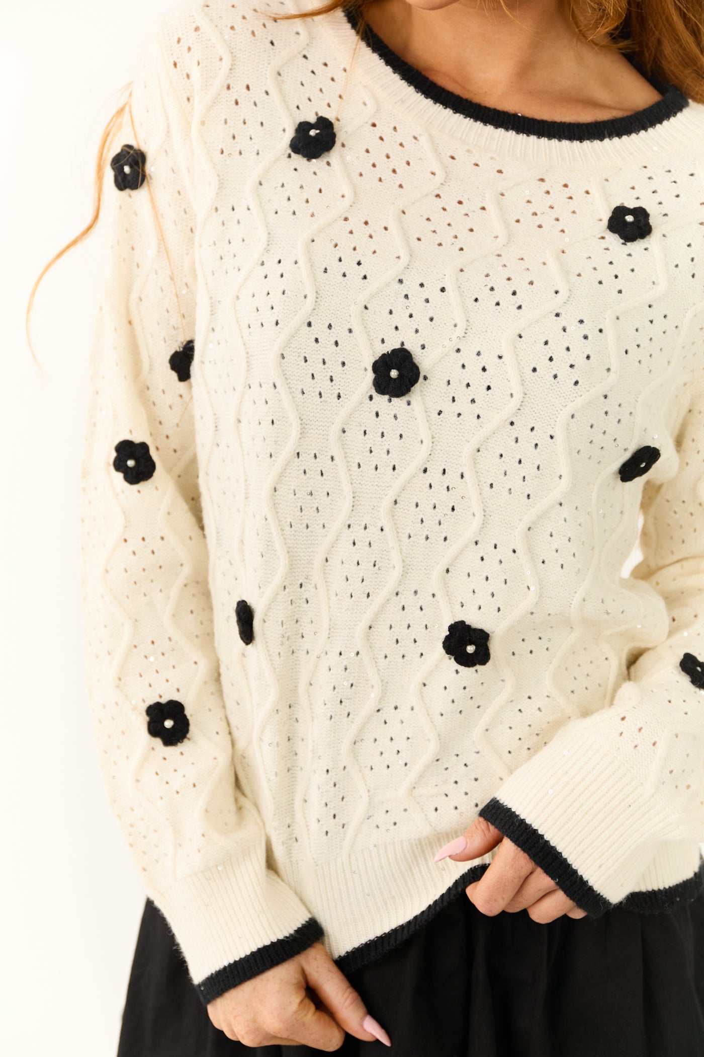 Cream Floral Applique Knit Sweater