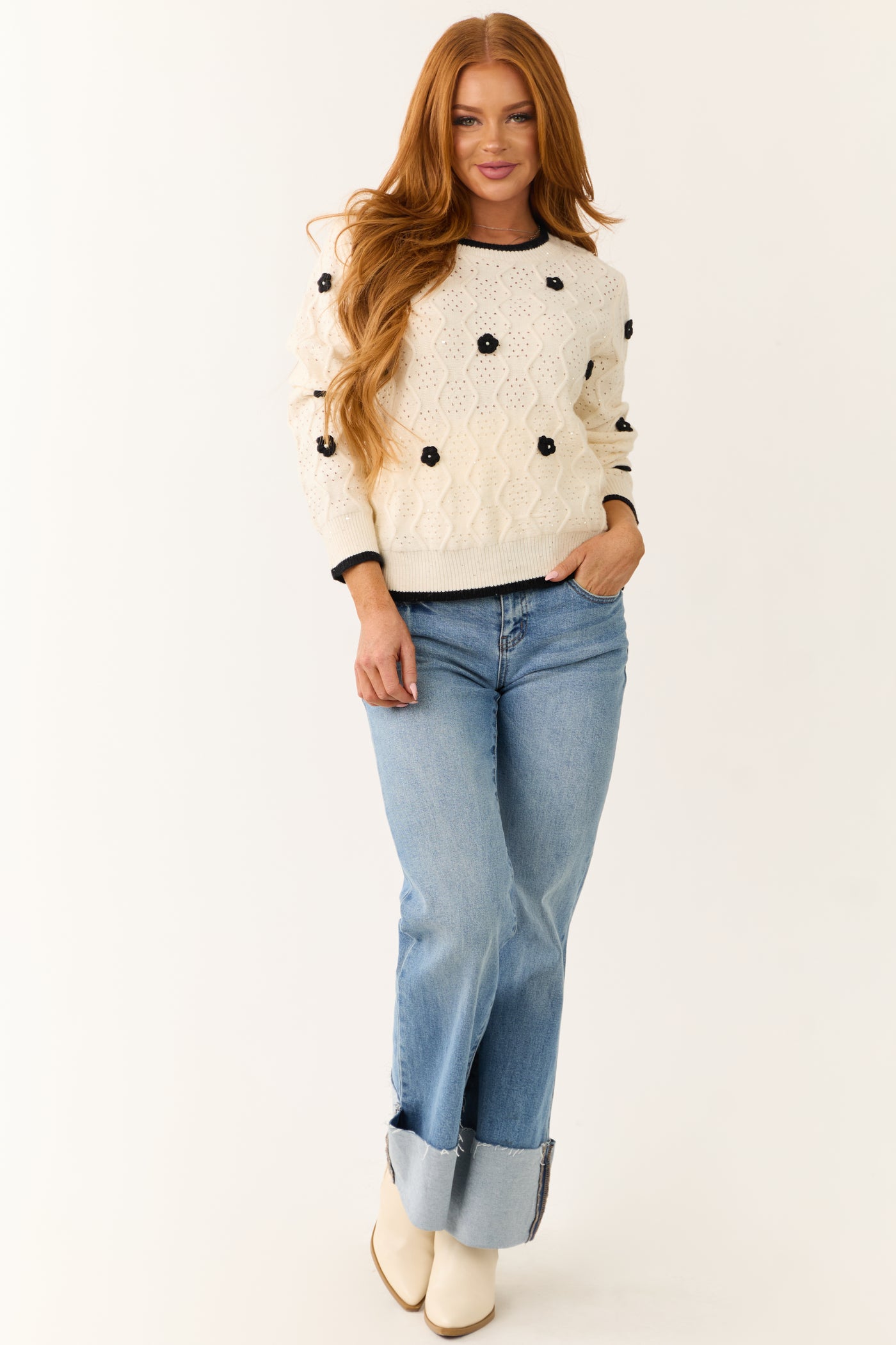 Cream Floral Applique Knit Sweater