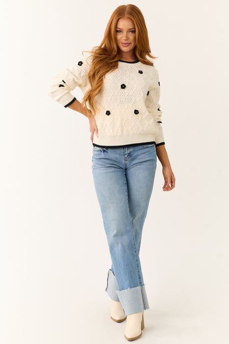 Cream Floral Applique Knit Sweater