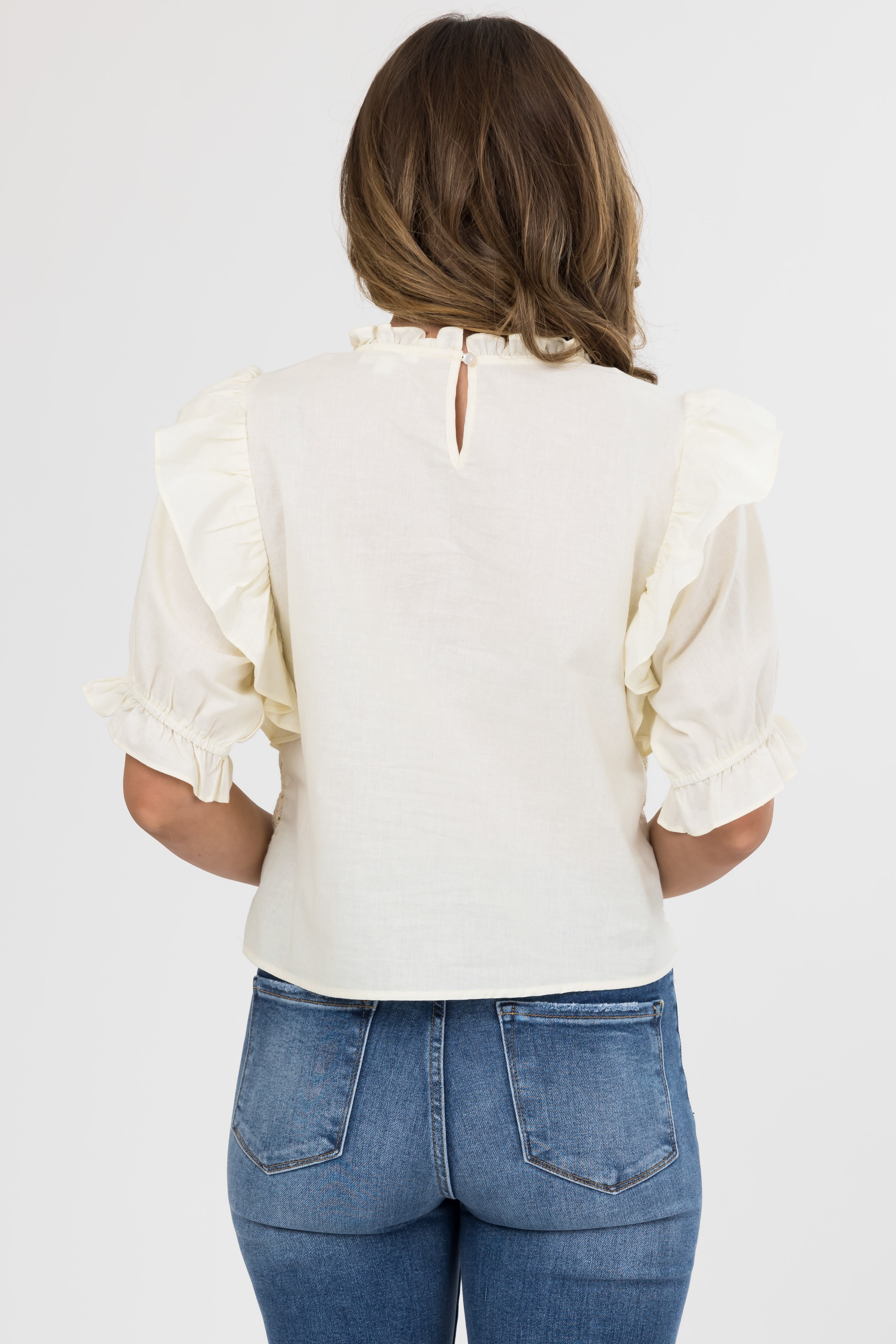 Cream Floral Crochet Ruffle Half Sleeve Top