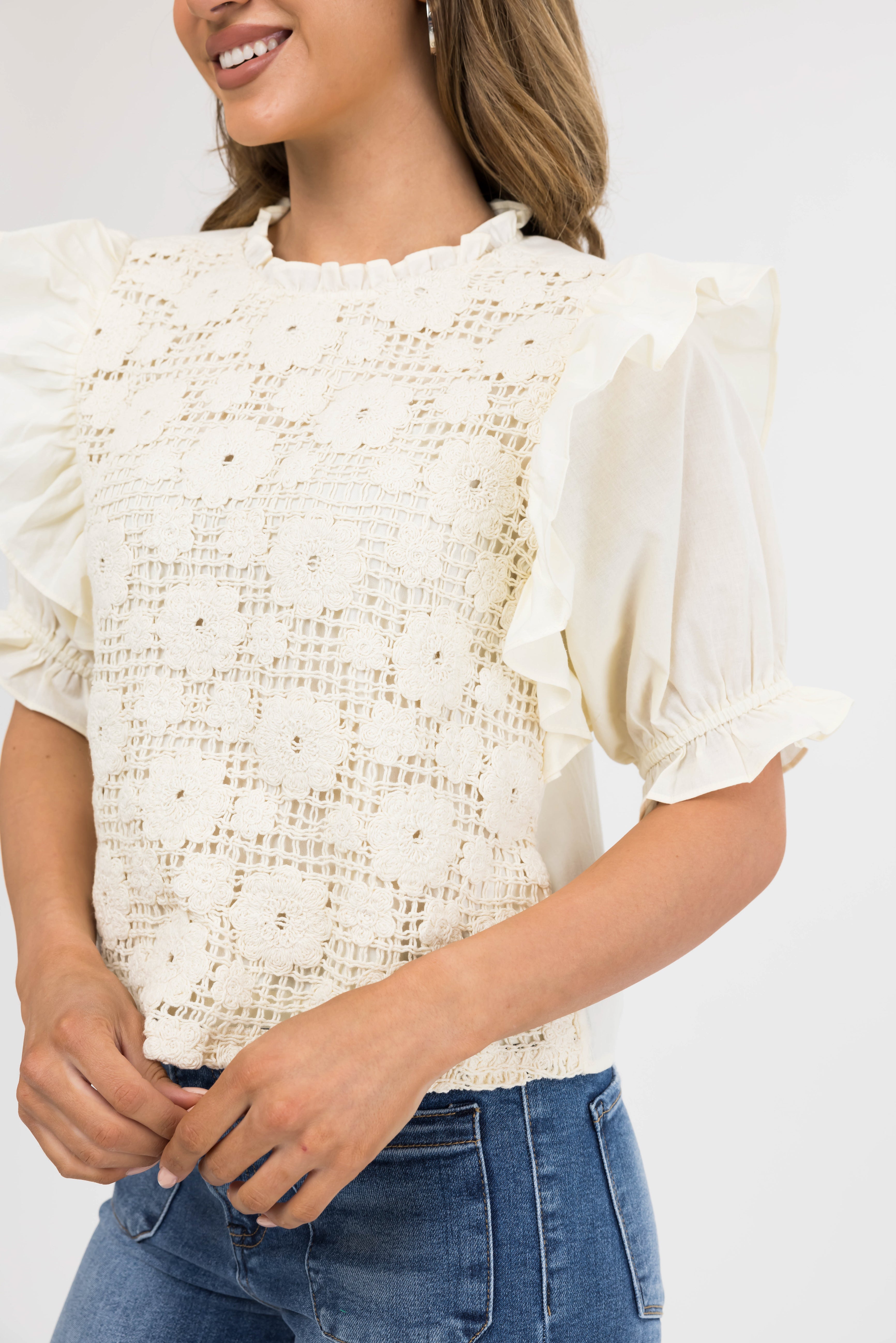 Cream Floral Crochet Ruffle Half Sleeve Top