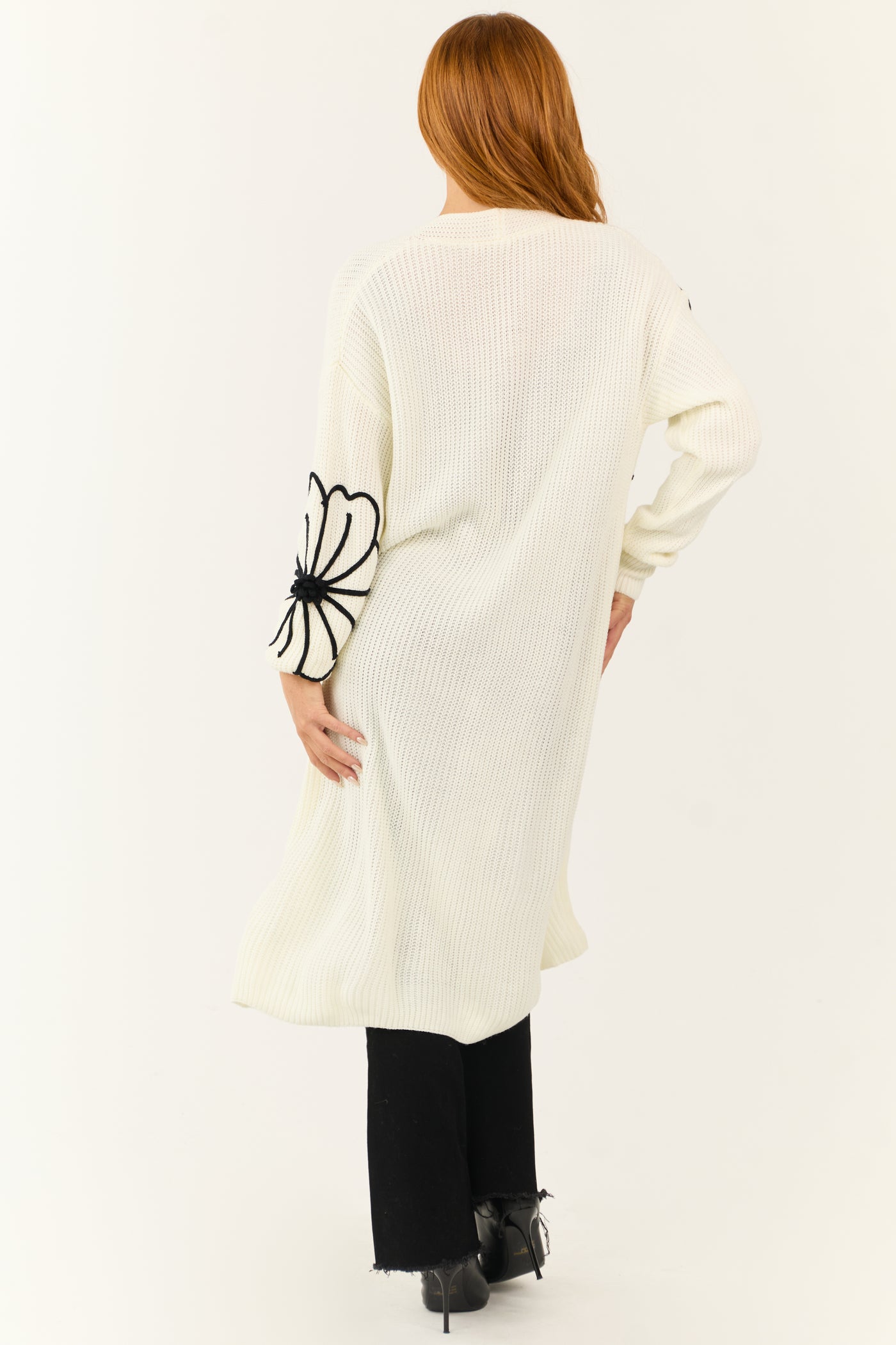 Cream Floral Detail Long Sleeve Knit Duster Cardigan