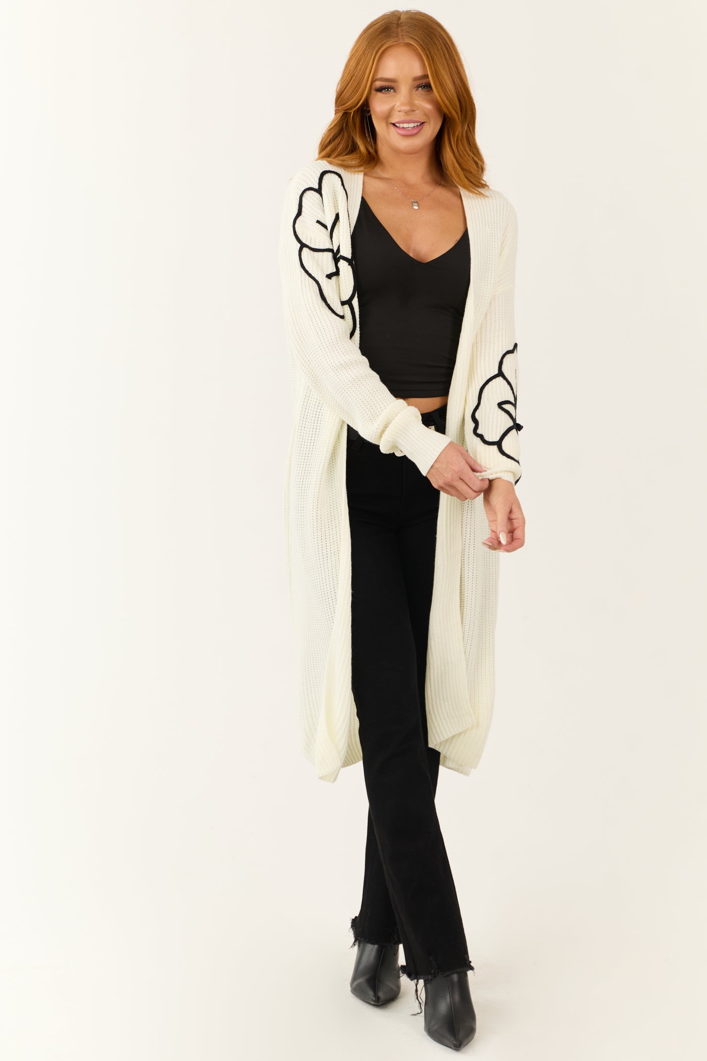 Cream Floral Detail Long Sleeve Knit Duster Cardigan