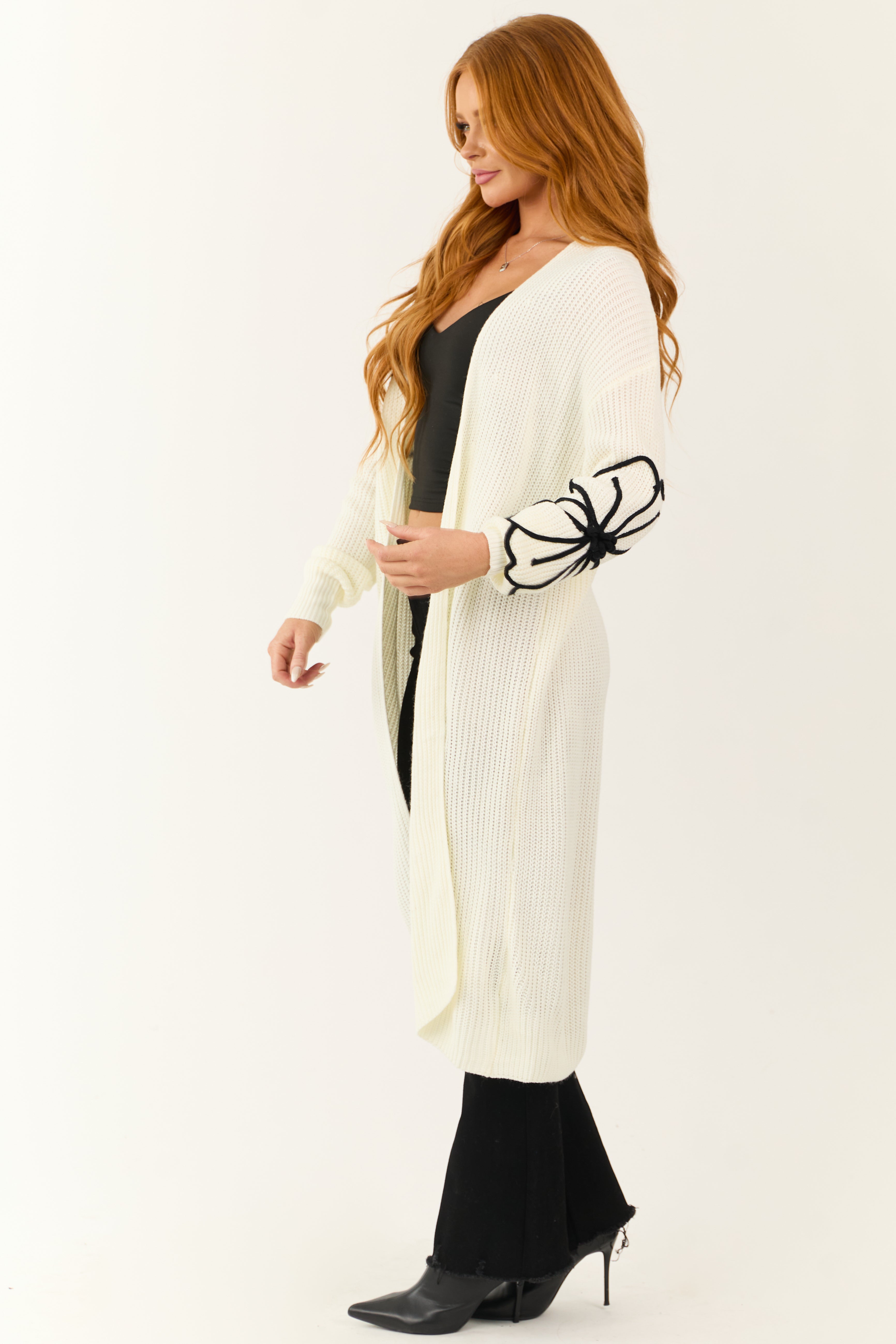 Cream Floral Detail Long Sleeve Knit Duster Cardigan