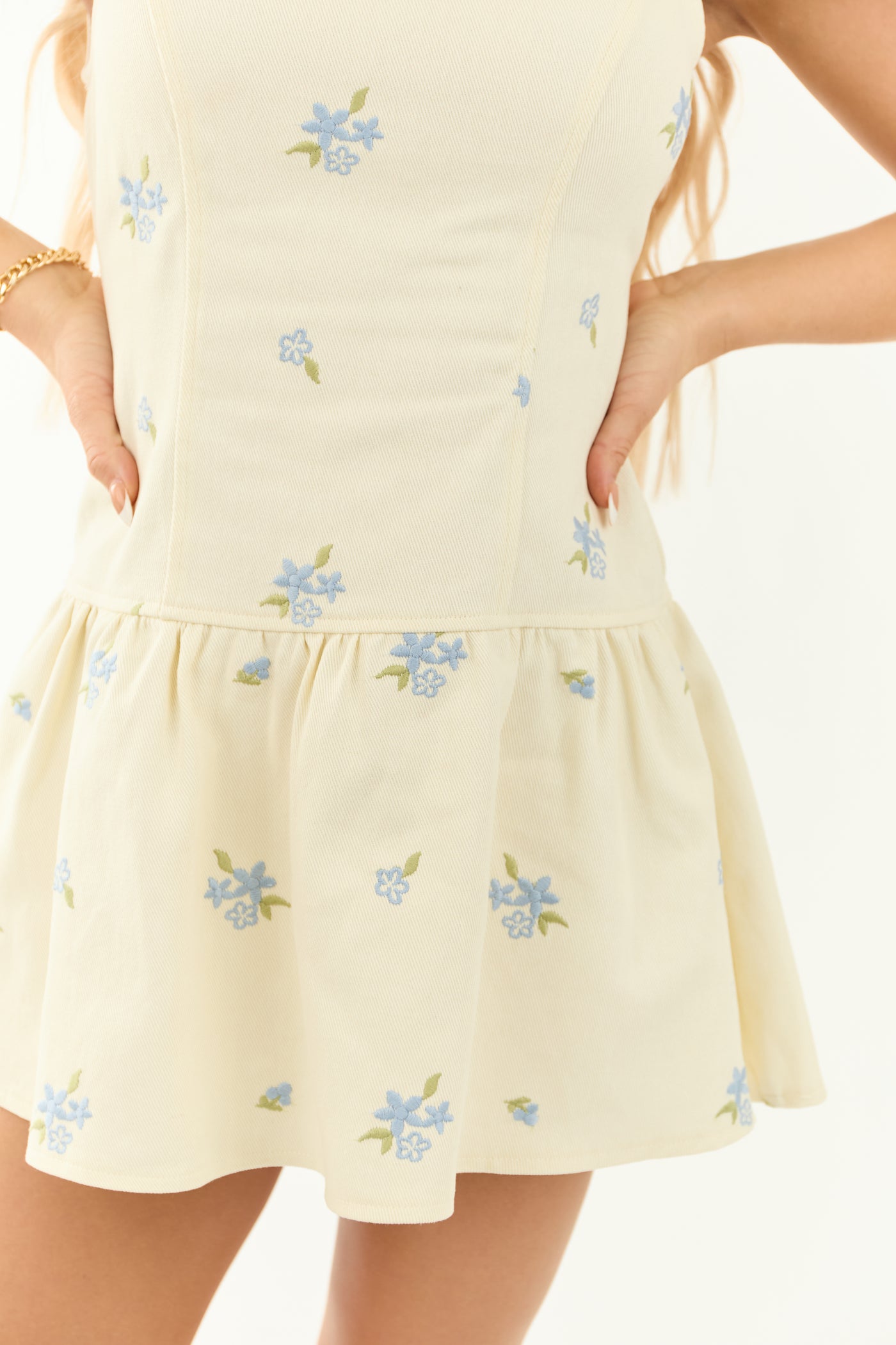 Cream Floral Embroidery Drop Waist Mini Dress