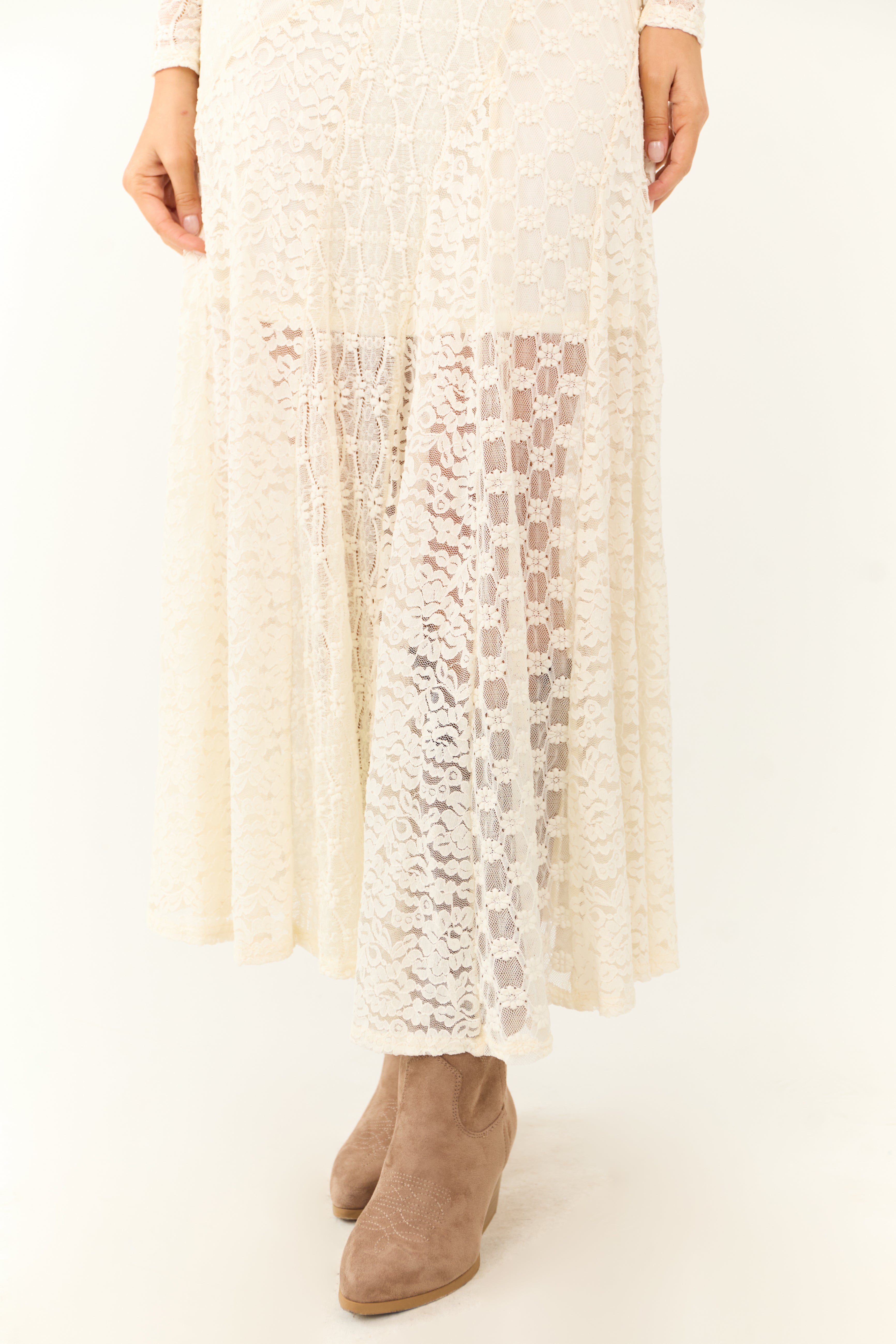 Cream Floral Lace Long Sleeve Maxi Dress