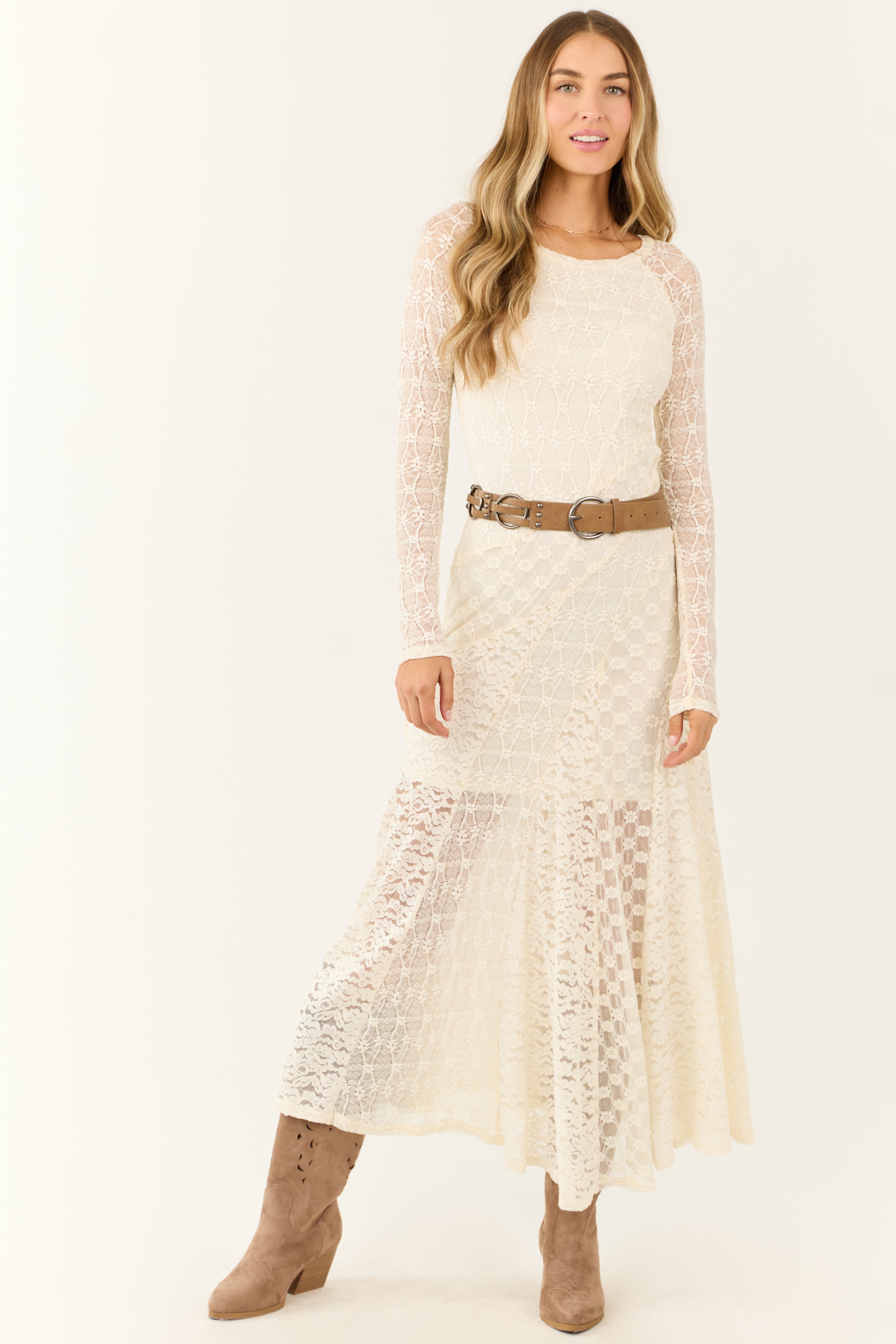 Cream Floral Lace Long Sleeve Maxi Dress