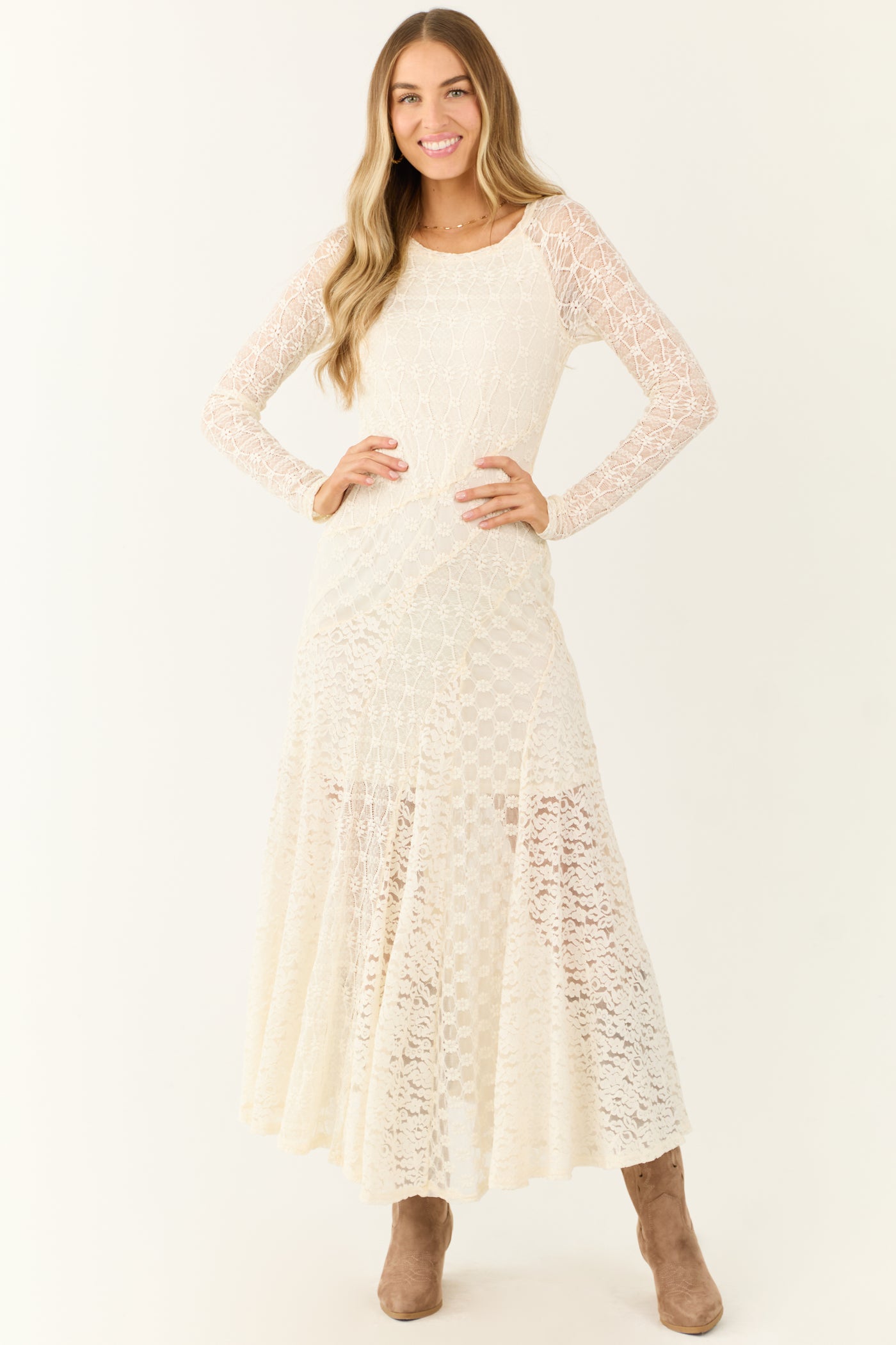 Cream Floral Lace Long Sleeve Maxi Dress