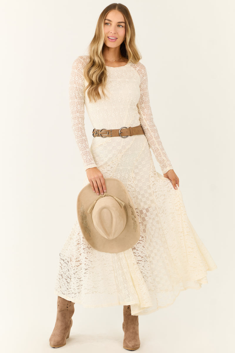 Cream Floral Lace Long Sleeve Maxi Dress