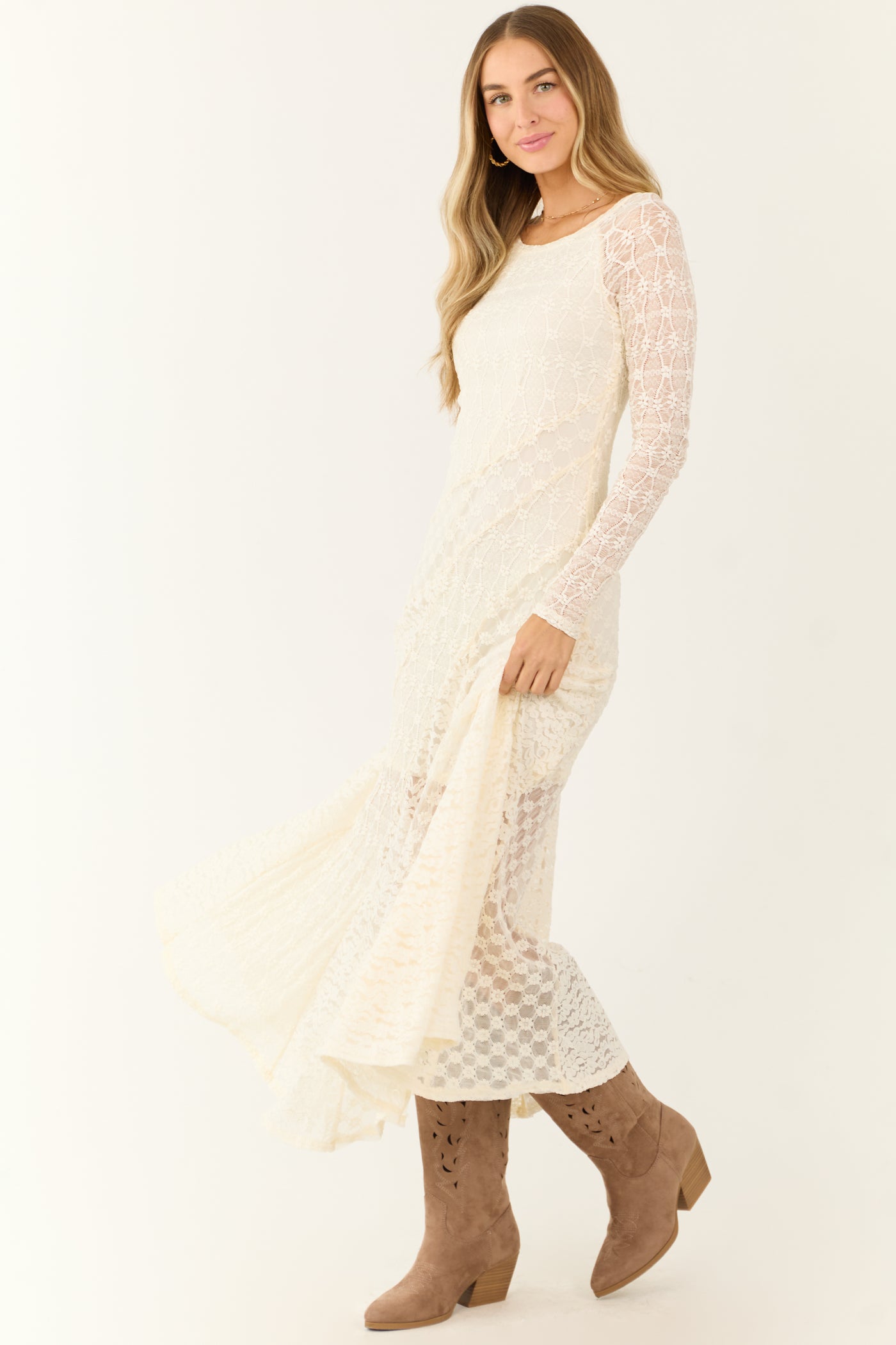 Cream Floral Lace Long Sleeve Maxi Dress