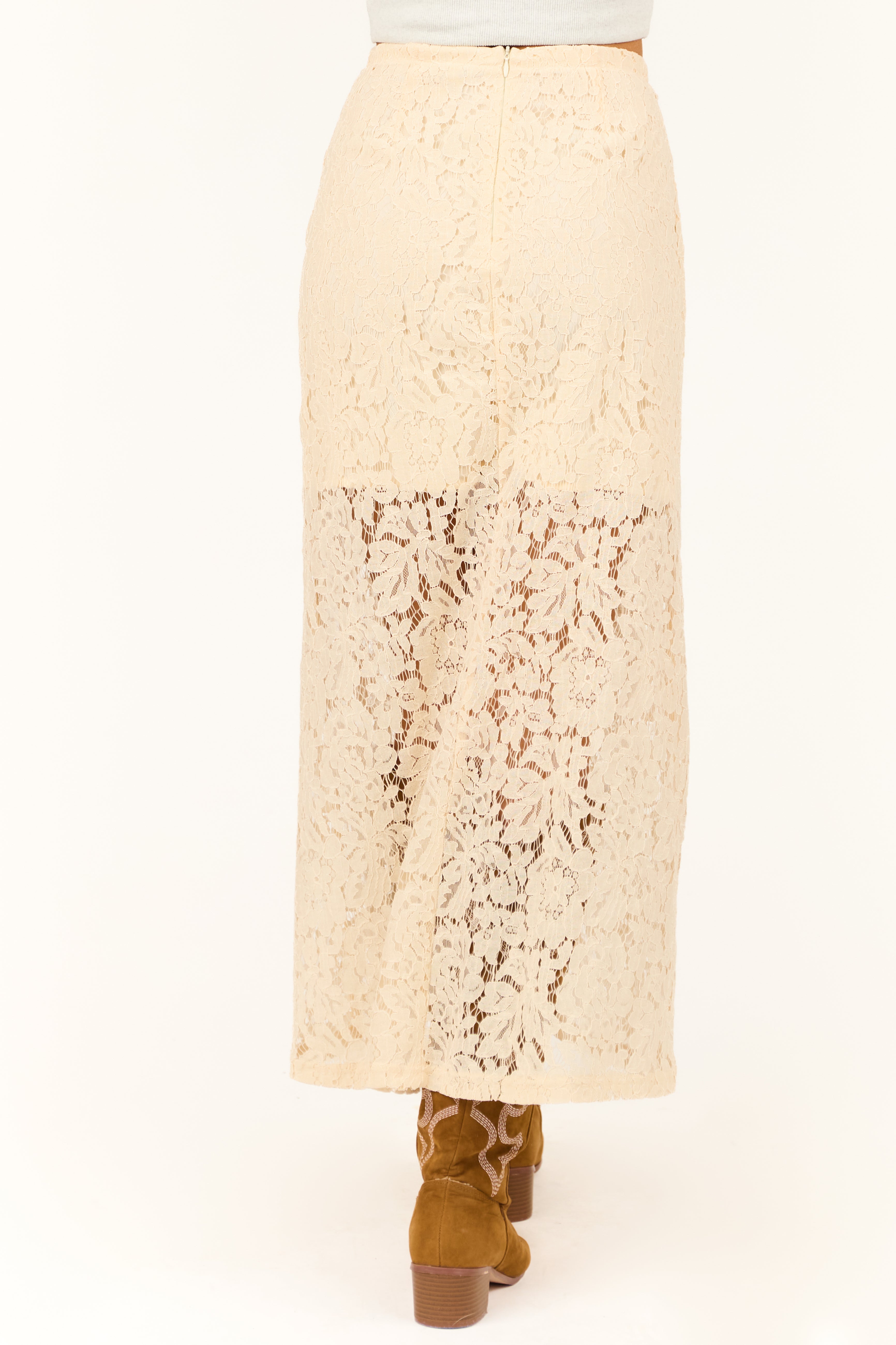 Cream Floral Lace Pencil Maxi Skirt