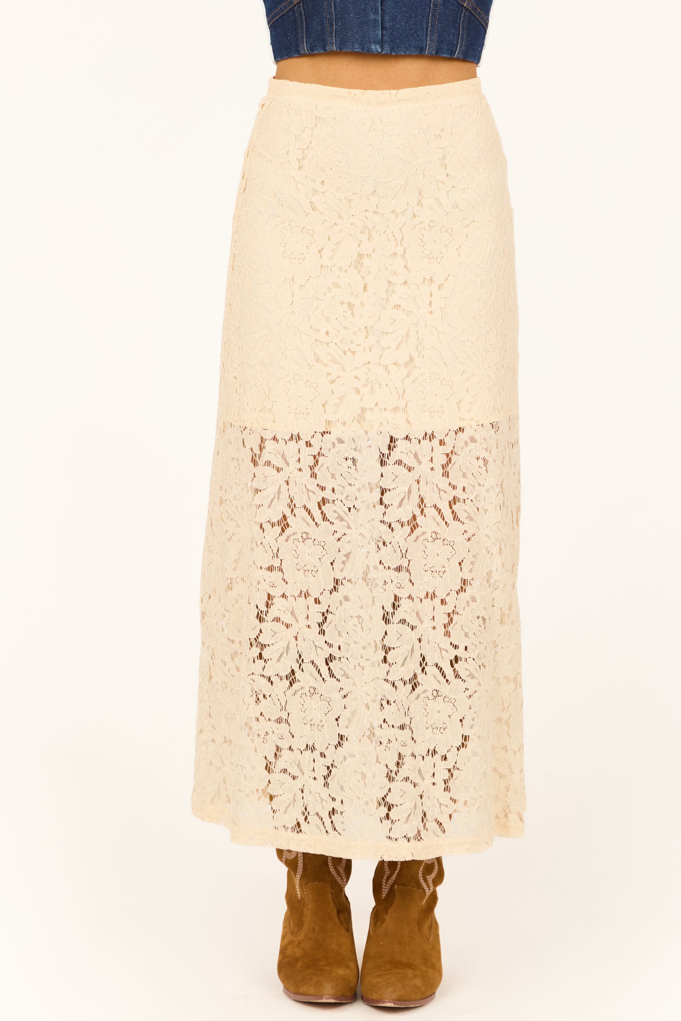 Cream Floral Lace Pencil Maxi Skirt