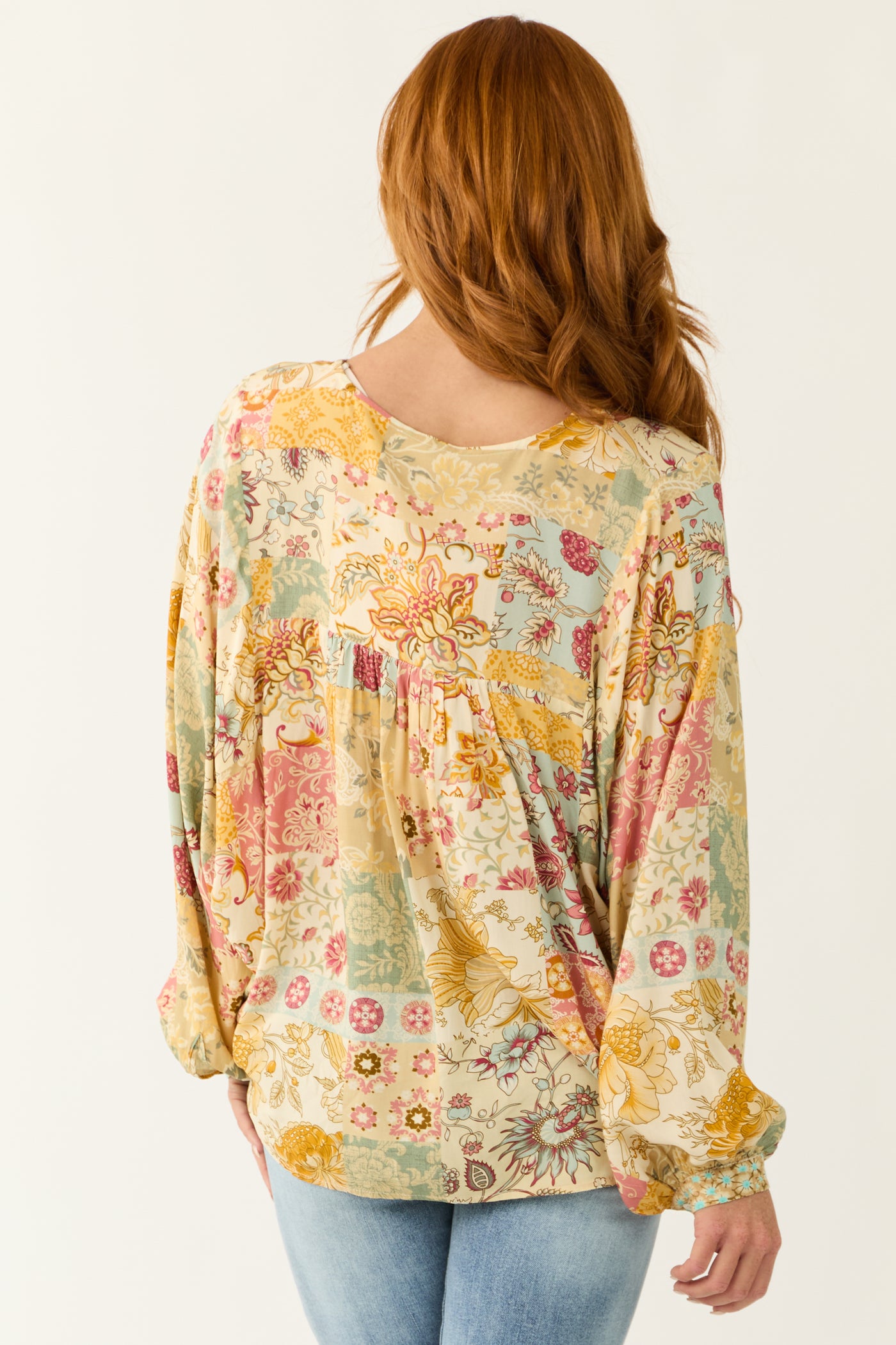 Cream Floral Patchwork Print Long Sleeve Top