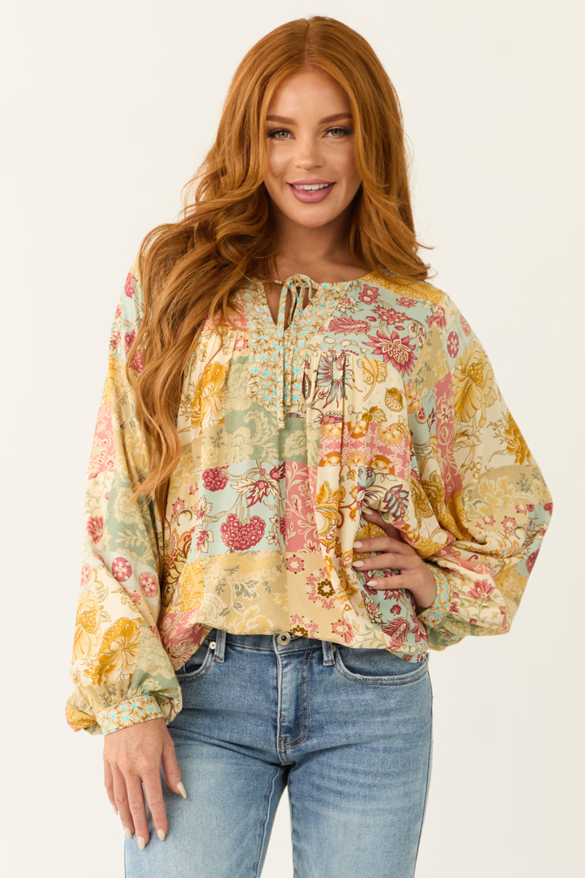 Cream Floral Patchwork Print Long Sleeve Top