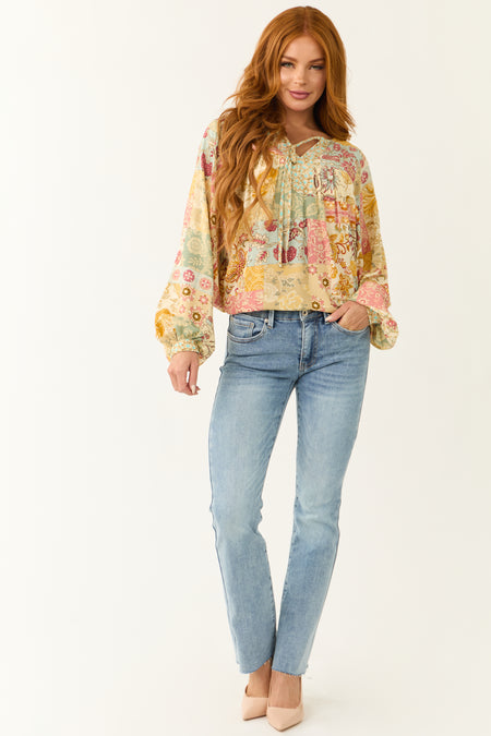 Cream Floral Patchwork Print Long Sleeve Top