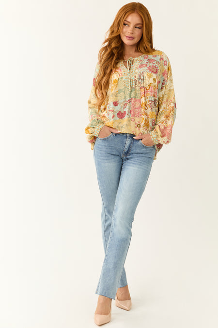 Cream Floral Patchwork Print Long Sleeve Top