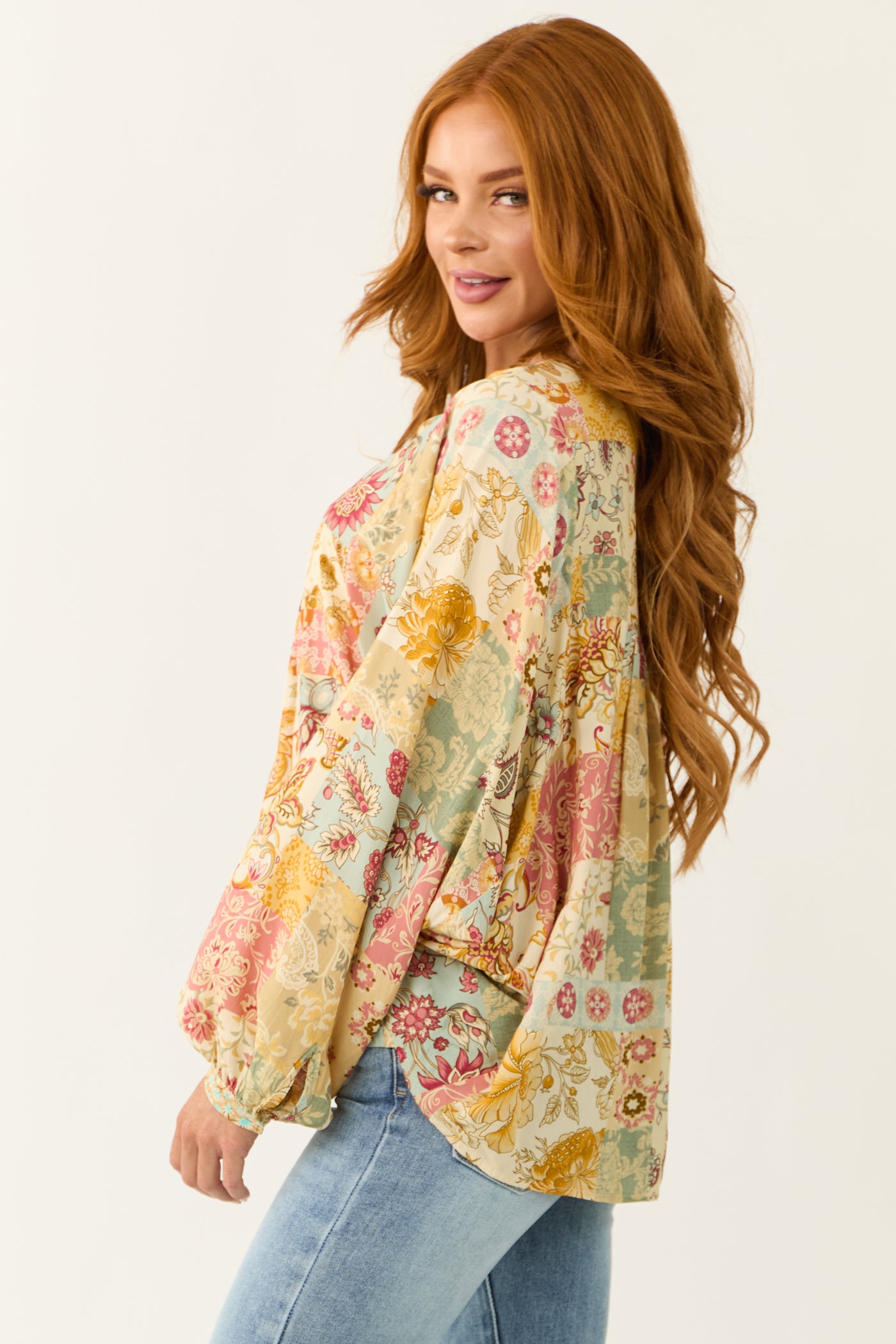 Cream Floral Patchwork Print Long Sleeve Top