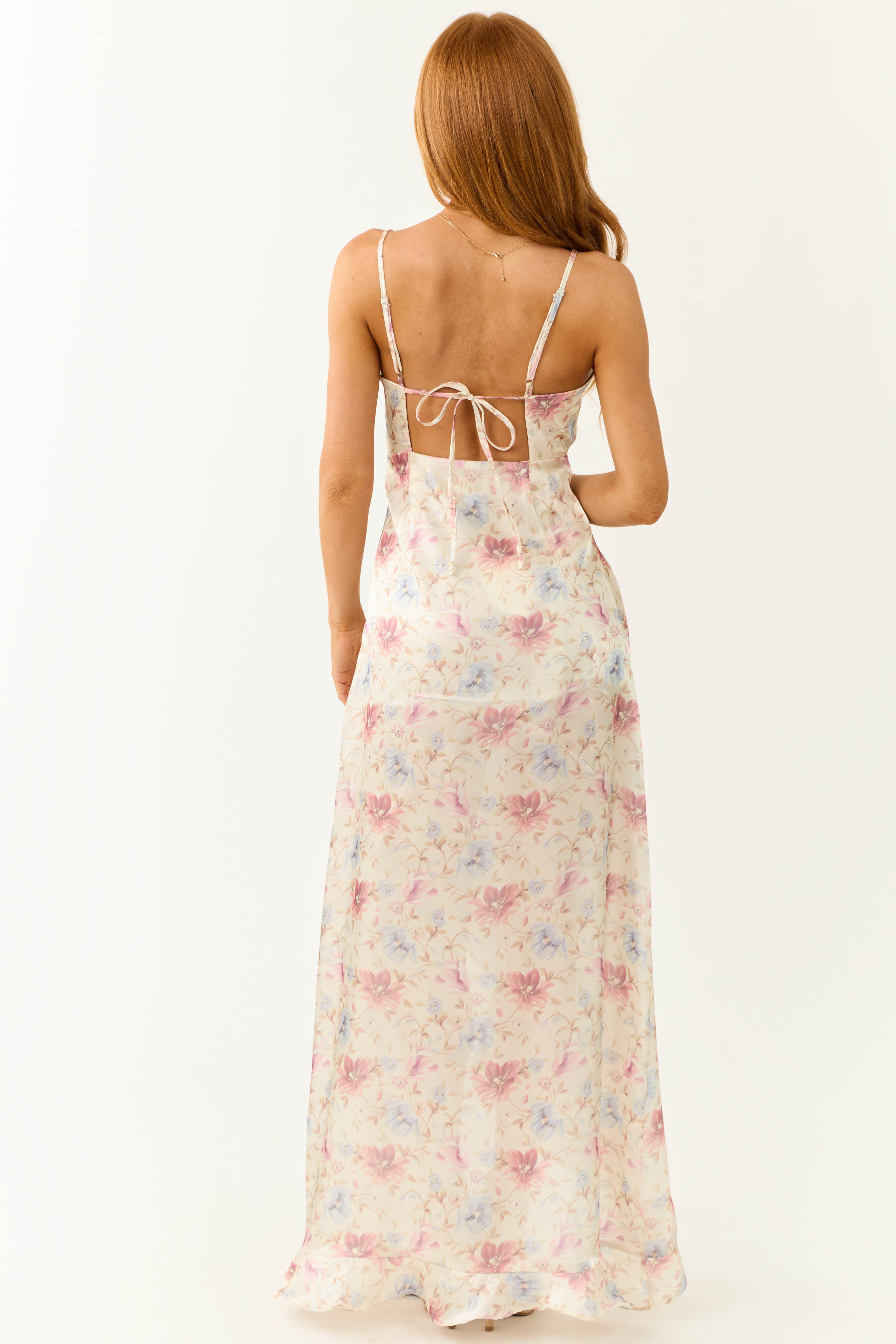 Cream Floral Print Front Slit Satin Maxi Dress