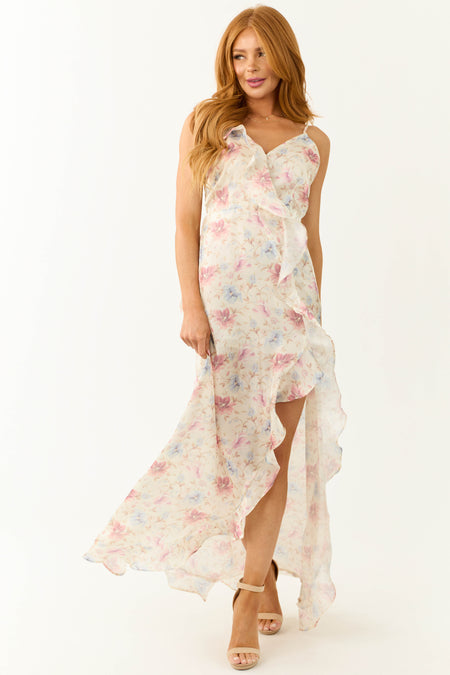 Cream Floral Print Front Slit Satin Maxi Dress