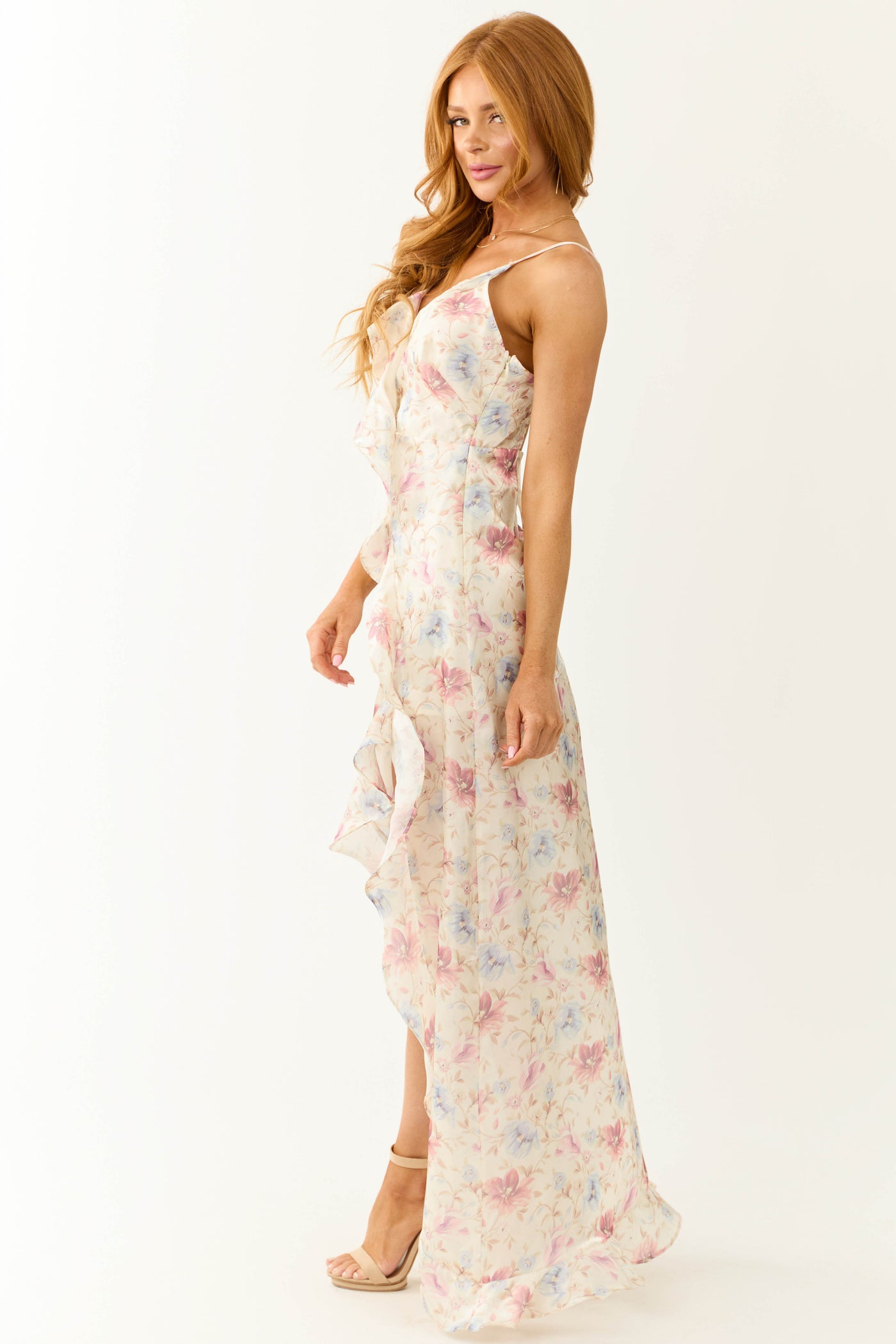 Cream Floral Print Front Slit Satin Maxi Dress