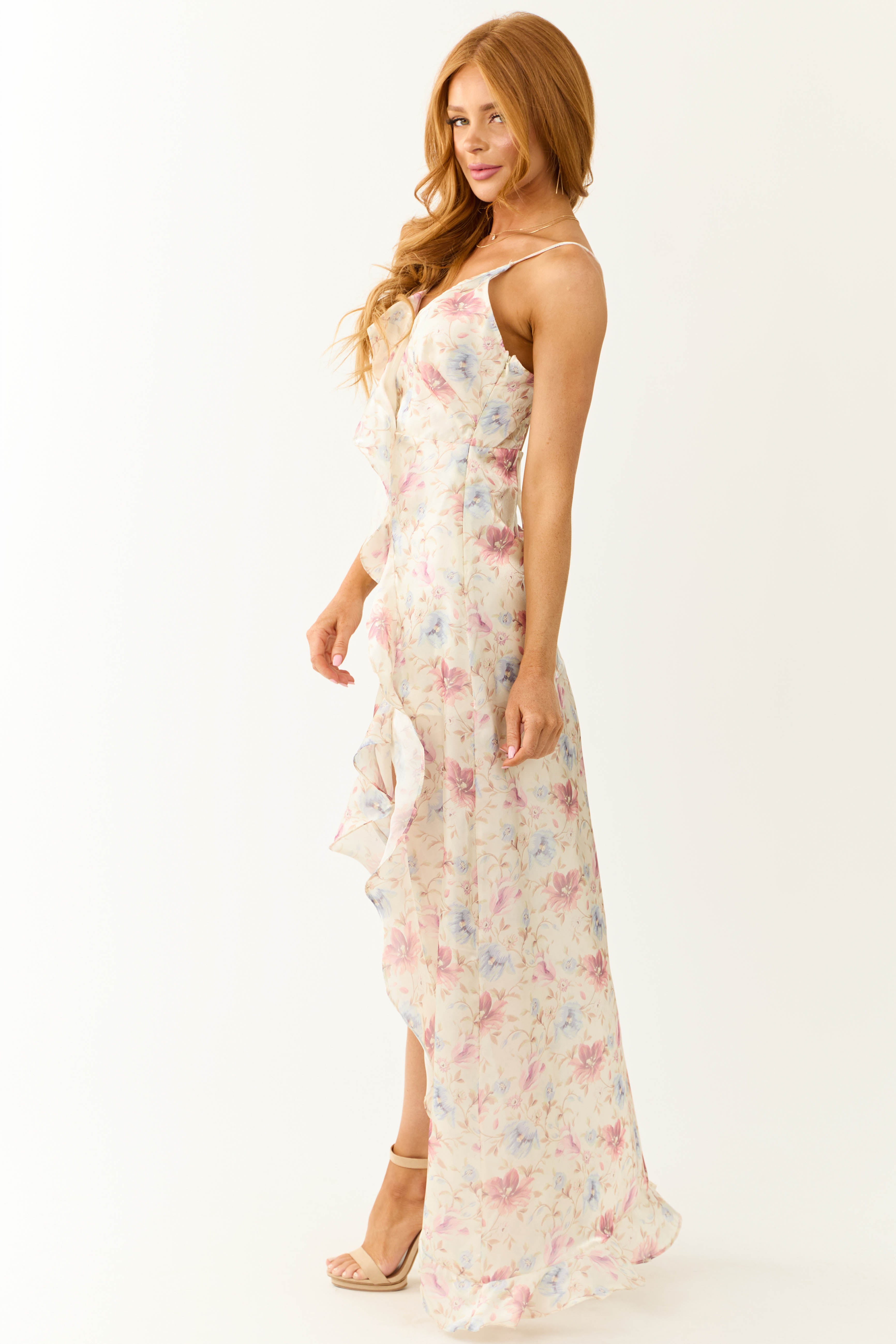 Cream Floral Print Front Slit Satin Maxi Dress