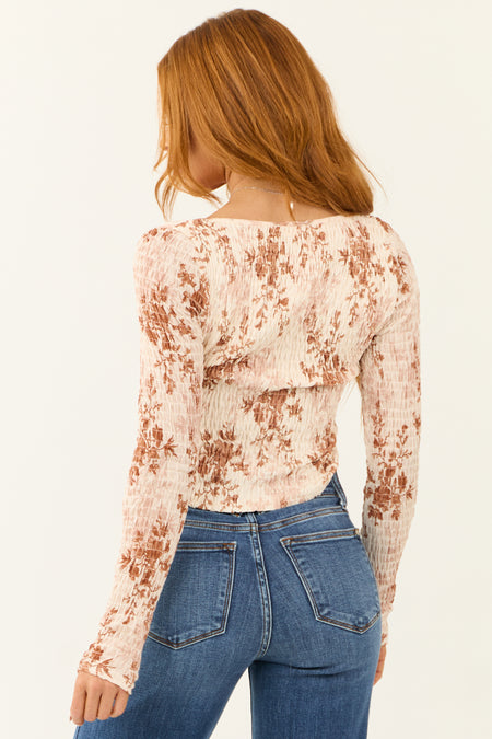 Cream Floral Print Long Sleeve Smocked Crop Top