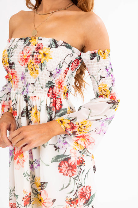 Cream Floral Print Off the Shoulder Mini Dress