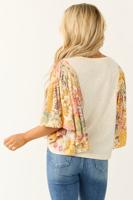 Cream Floral Print Oversized Flutter Sleeve Top