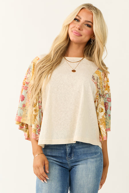 Cream Floral Print Oversized Flutter Sleeve Top