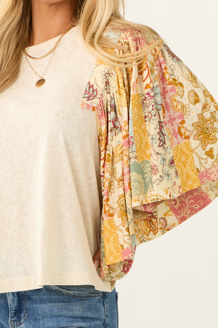 Cream Floral Print Oversized Flutter Sleeve Top