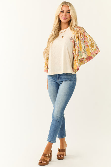 Cream Floral Print Oversized Flutter Sleeve Top