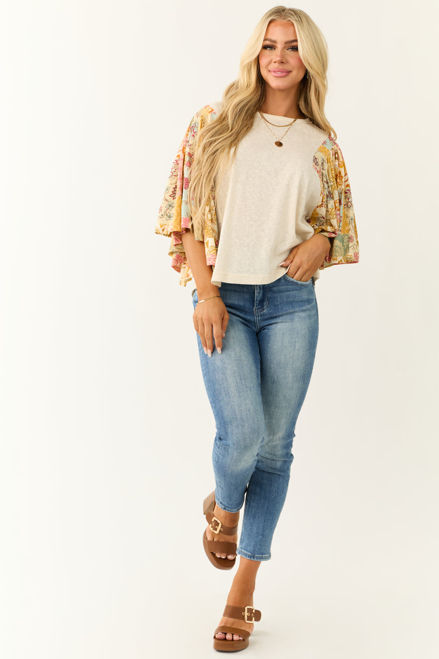 Cream Floral Print Oversized Flutter Sleeve Top