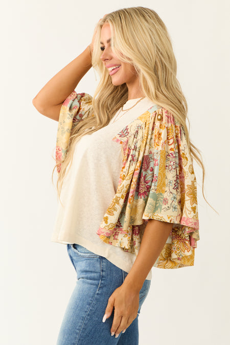 Cream Floral Print Oversized Flutter Sleeve Top