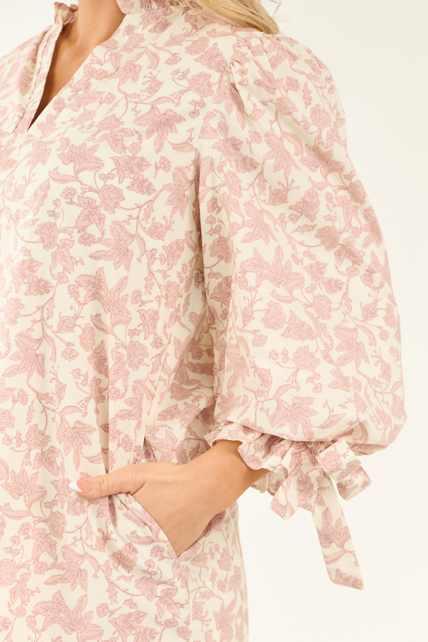 Cream Floral Print Pullover 3/4 Sleeve Mini Dress