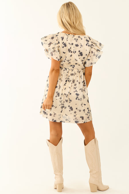 Cream Floral Print Ruffle Sleeve Organza Mini Dress